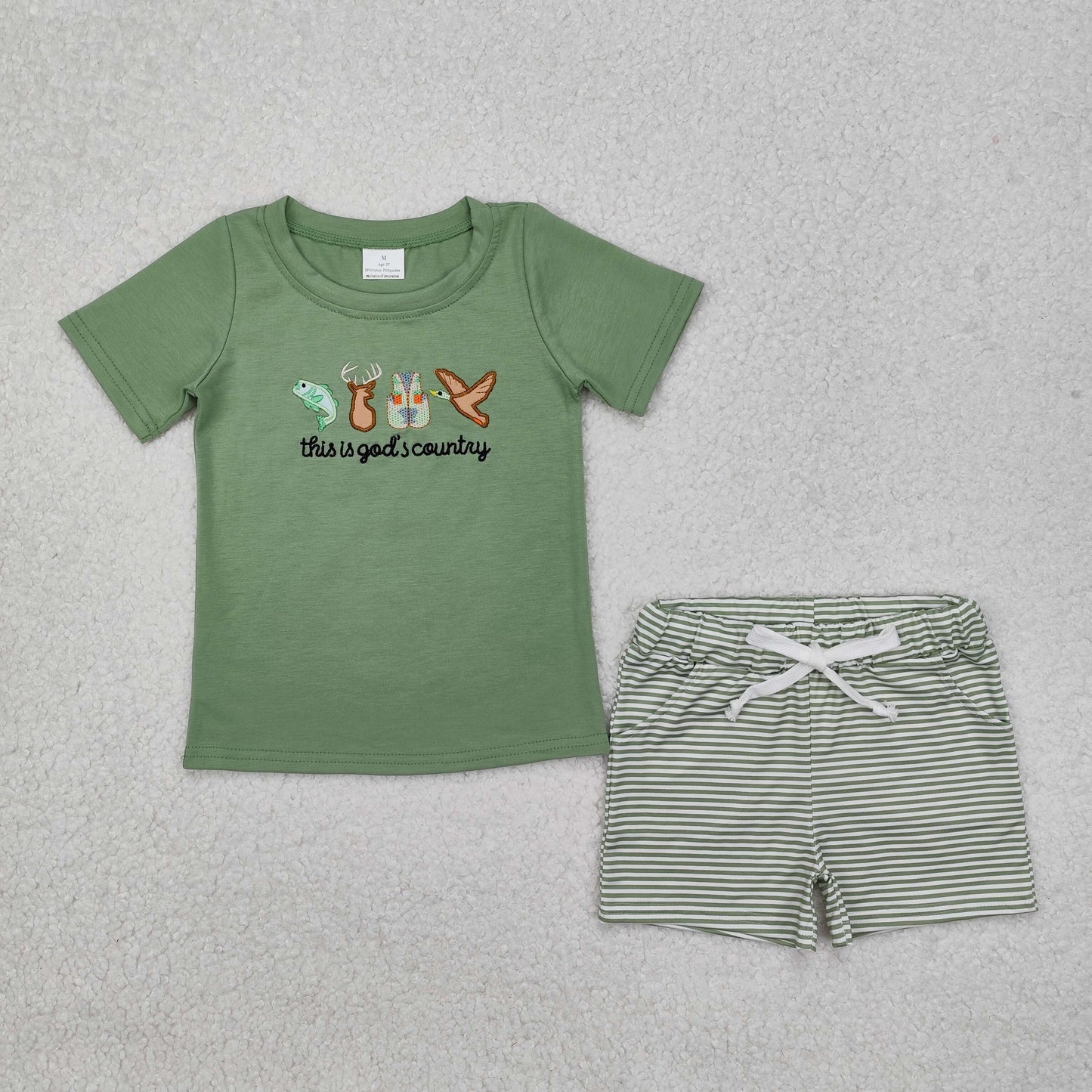 USA Shop Baby Boys Embroidery Deer Ducks Fish Top Pockets Stripe Short Hunting Clothes Sets
