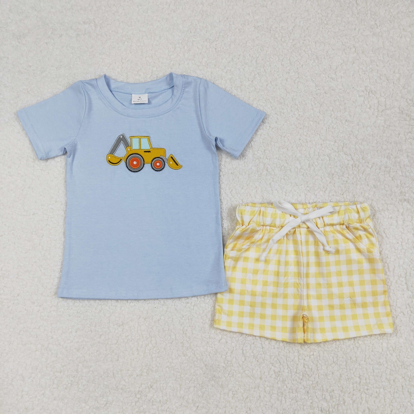 Sibling Baby Boys Embroidery Tools Cars Excavators Top Pockets Shorts Clothes Sets