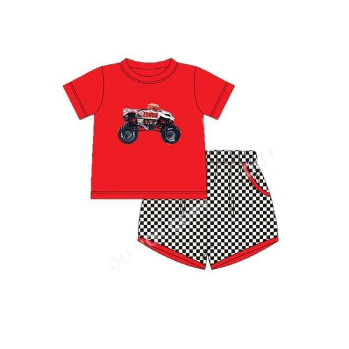 Baby Boys Red Monster Truck Shirt Checkered Shorts Clothes Sets Preorder