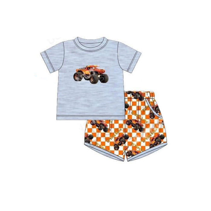 Baby Boys Grey Monster Truck Shirt Checkered Shorts Clothes Sets Preorder