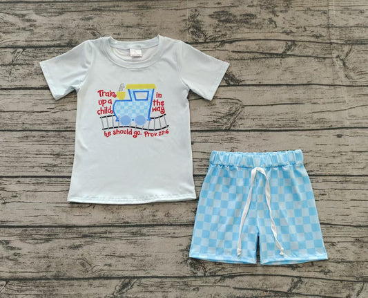 Baby Boys Blue Checkered Train Shirt Shorts Clothes Sets