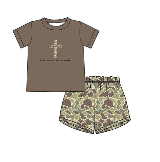 Baby Boys Brown Easter Cross Shirt Camo Shorts Clothes Sets Preorder