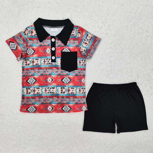 Baby Boys Western Aztec Black Pocket Shirt Shorts Clothes Sets