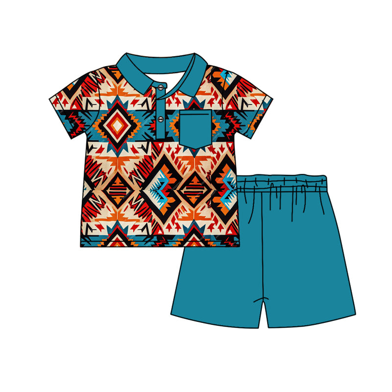 Baby Boys Western Aztec Blue Pocket Shirt Shorts Clothes Sets Preorder