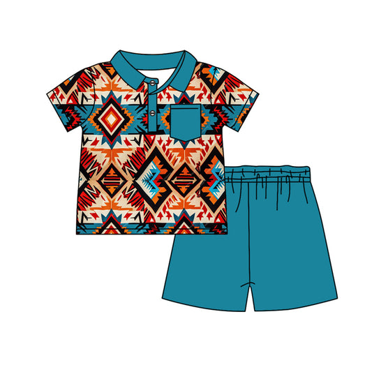 Baby Boys Western Aztec Blue Pocket Shirt Shorts Clothes Sets Preorder