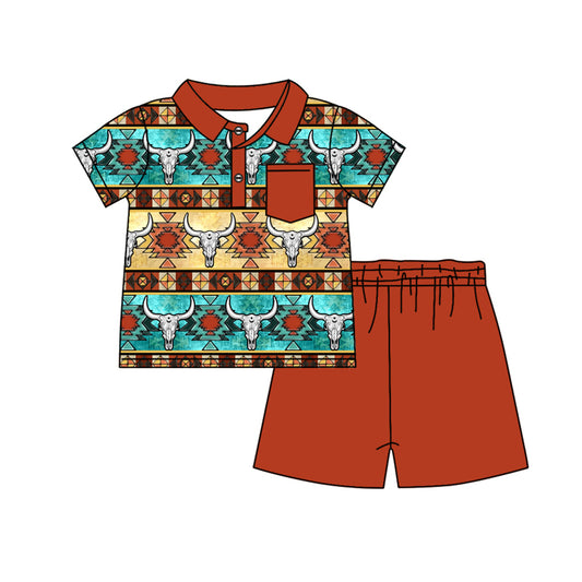 Baby Boys Western Aztec Cow Skulls Pocket Shirt Shorts Clothes Sets Preorder
