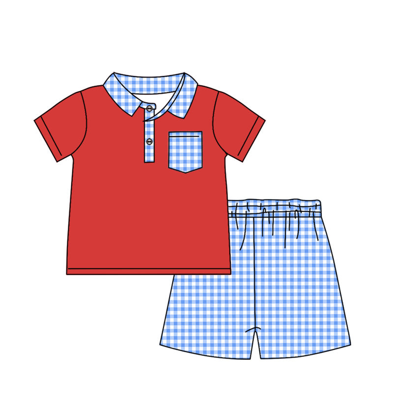 Baby Boys Red Pocket Shirt Checkered Shorts Clothes Sets Preorder