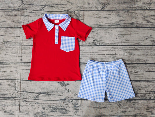 Baby Boys Red Pocket Shirt Checkered Shorts Clothes Sets Preorder