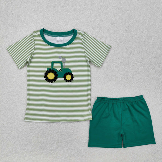 USA Shop Baby Boys Embroidery Trucks Green Stripe Top Short Farm Clothes Set
