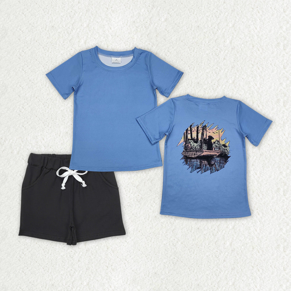 Baby Boys Blue Dog Hunting Shirts Pocket Shorts Clothes Sets
