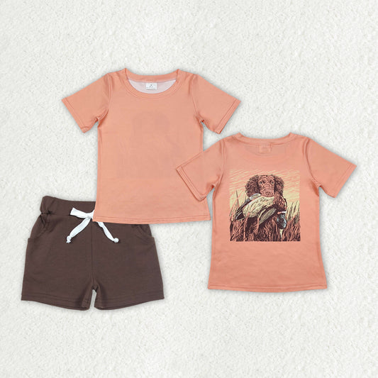 Baby Boys Orange Dog Duck Hunting Shirts Pocket Shorts Clothes Sets