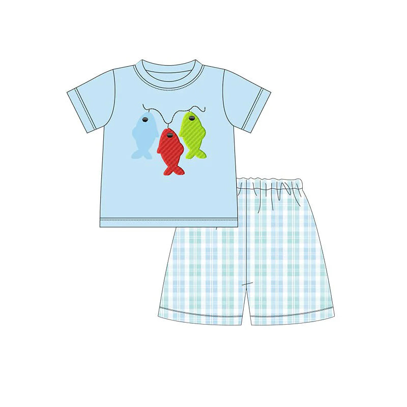 Baby Boys Green Checkered Fishing Shirts Shorts Clothes Sets Preorder
