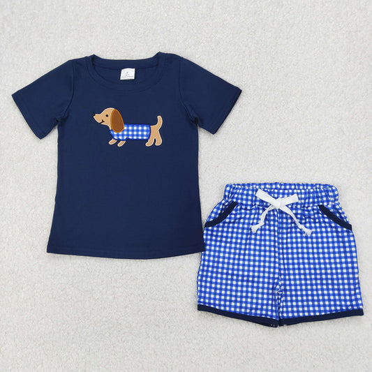 Embroidery Baby Boys Navy Dachshund Shirt Checkered Shorts Clothes Set