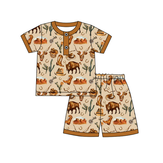 Baby Boys Brown Shirt Western Cow Shorts Pajamas Clothes Sets Preorder