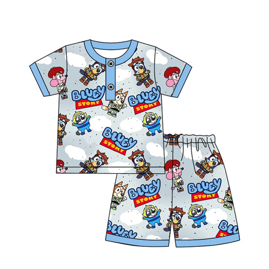 Baby Boys Blue Shirts Cartoon Dogs Shorts Pajamas Clothes Sets Preorder