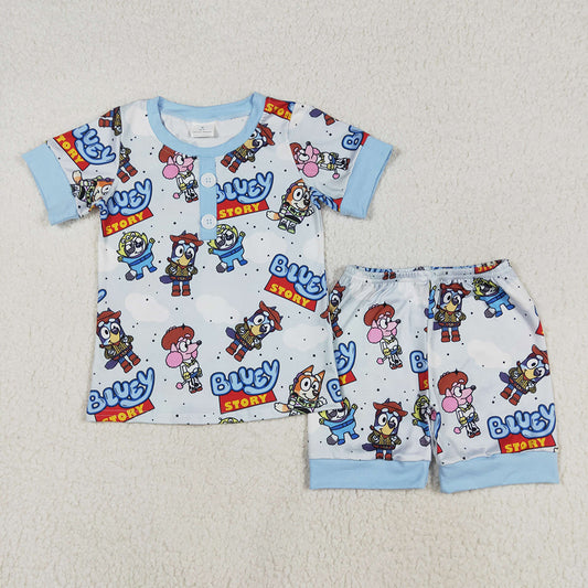 Baby Boys Blue Shirts Cartoon Dogs Shorts Pajamas Clothes Sets