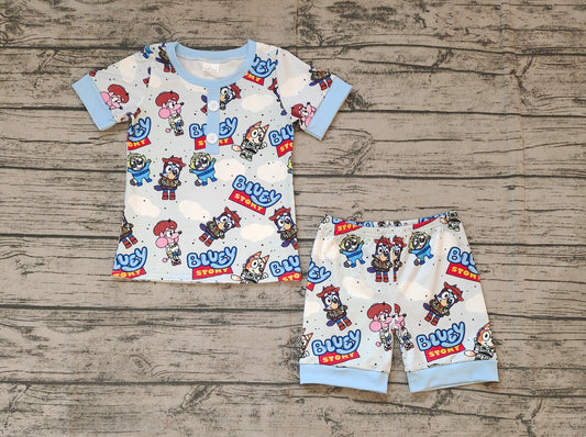 Baby Boys Blue Shirts Cartoon Dogs Shorts Pajamas Clothes Sets Preorder