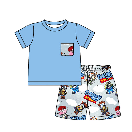 Baby Boys Pocket Blue Shirts Cartoon Dogs Shorts Clothes Sets Preorder