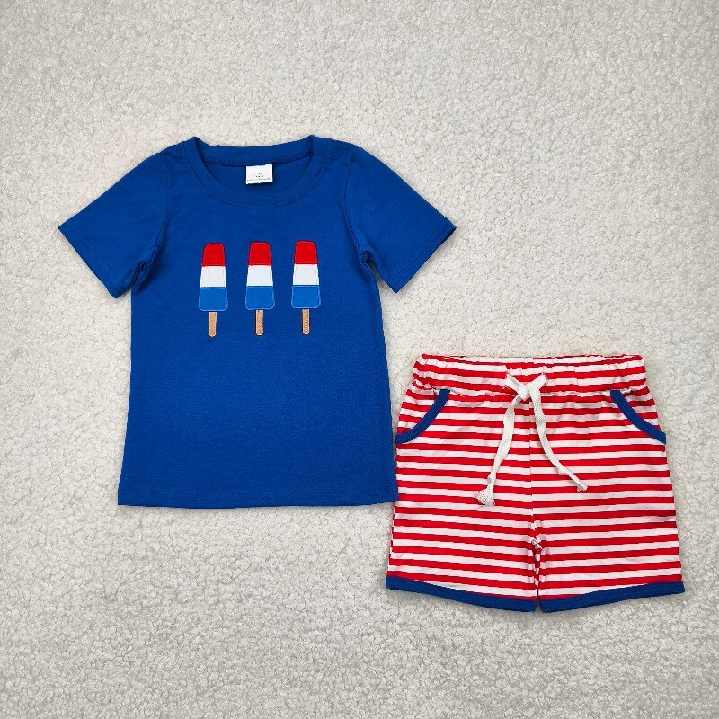 Sibling Baby Boys Embroidery Popsicle Flags Top Pockets Short 4th of July Clothes Sets