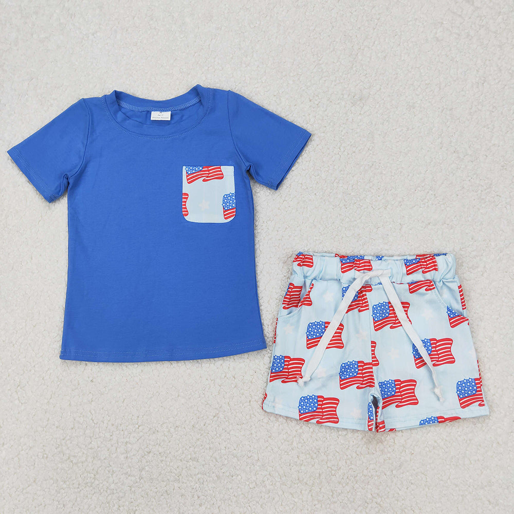 2 Colors Sibling Baby Boys 4th of July Flags Pocket Shirts Shorts Outfits