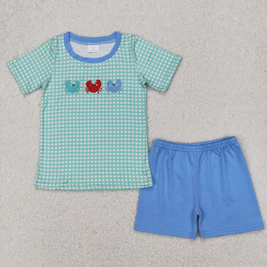 Embroidery Baby Boys Crabs Checkered Shirts Shorts Clothes Sets