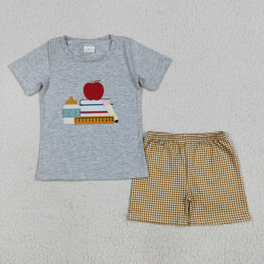 Embroidery Baby Boys Apple Back To School Books Shirt Shorts Sets