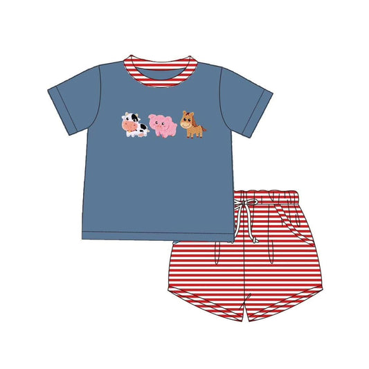 Baby Boys Blue Farm Animals Shirt Stripes Shorts Clothes Sets Preorder