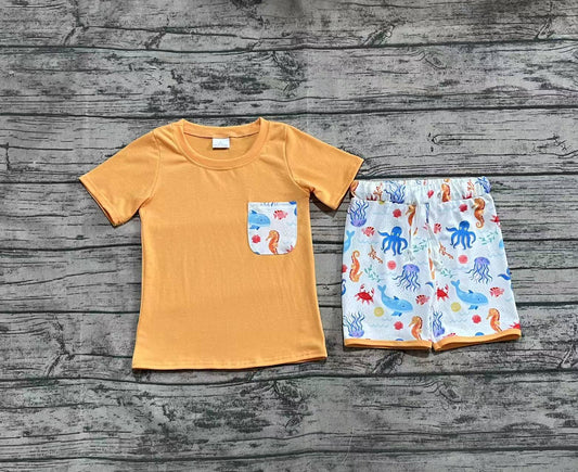 Baby Boys Orange Pocket Top Sea Animals Shorts Clothes Sets