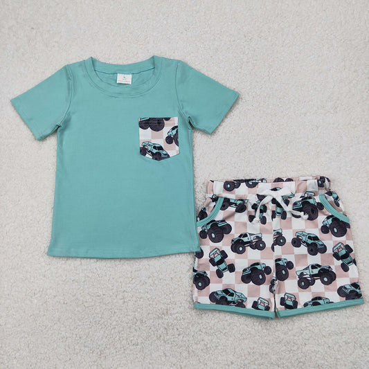 Baby Boys Light Green Pocket Top Khaki Trucks Shorts Clothes Sets