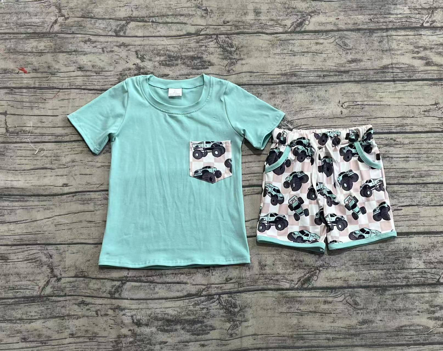 Baby Boys Light Green Pocket Top Khaki Trucks Shorts Clothes Sets