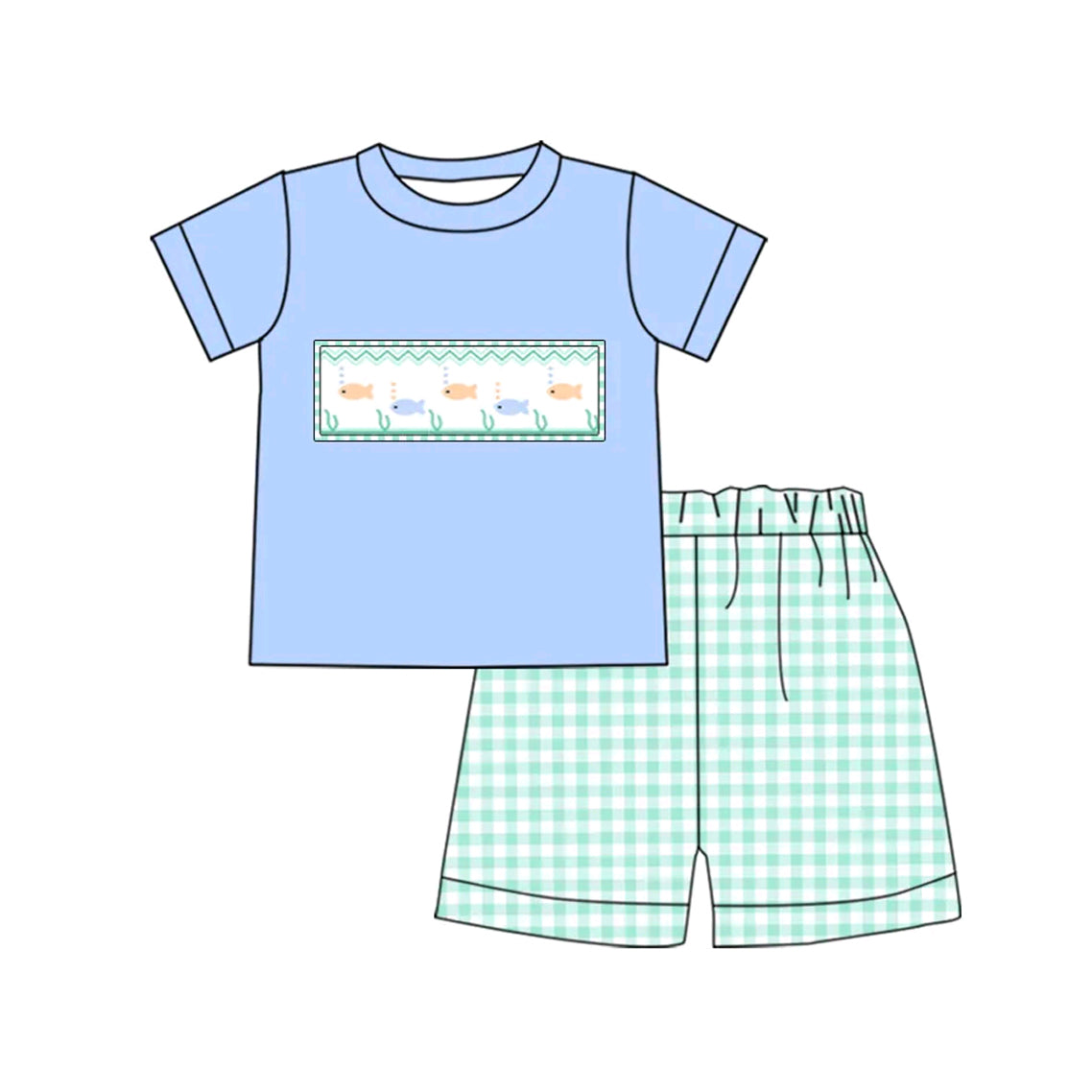 Baby Boys Green Fishes Top Checkered Shorts Clothes Sets Preorder