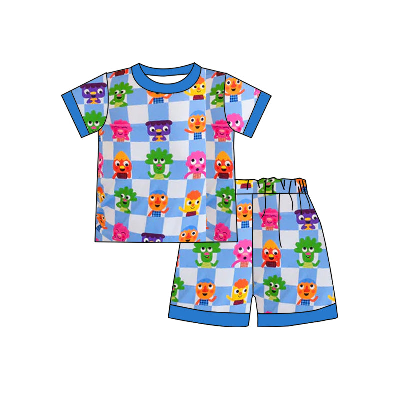 Baby Girls Blue Checkered Cartoon Top Shorts Pajamas Clothes Sets Preorder