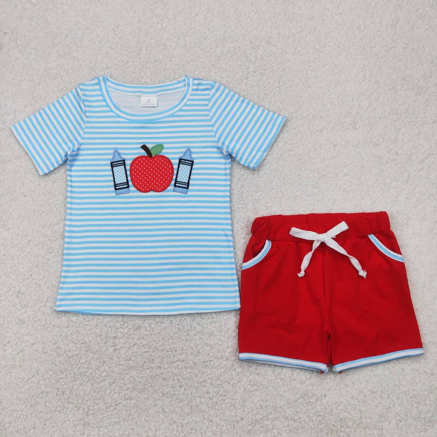 Sibling Embroidery Apples Pencils Baby Kids Back To School Short Clothes Set Dresses