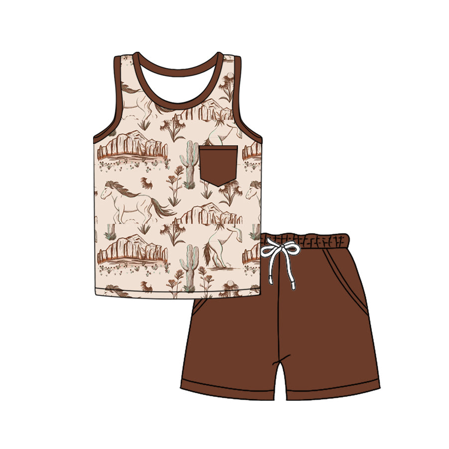 Baby Boys Western Rodeo Horse Cactus Top Shorts Clothes Sets Preorder