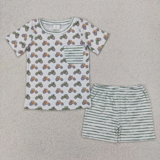 Sibling Baby Boys Trucks Stripe Pocket Top Short Farm Clothes Set Short Rompers