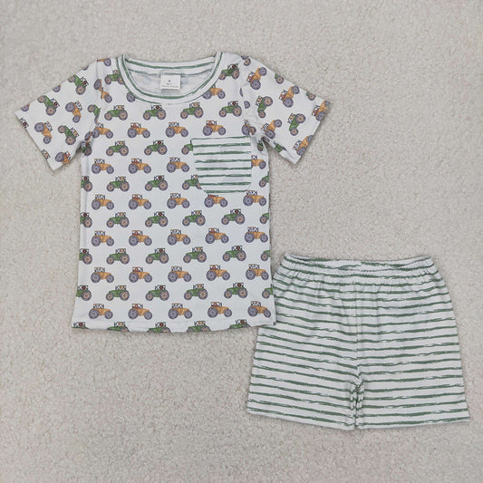 Baby Boys Farm Trucks Pocket Shirt Top Tee Shorts Clothes Sets