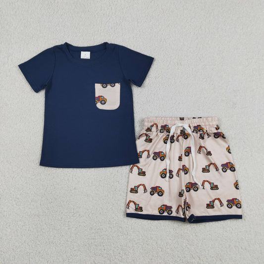 Baby Boys Navy Shirts Pocket Top Excavators Shorts Clothes Sets