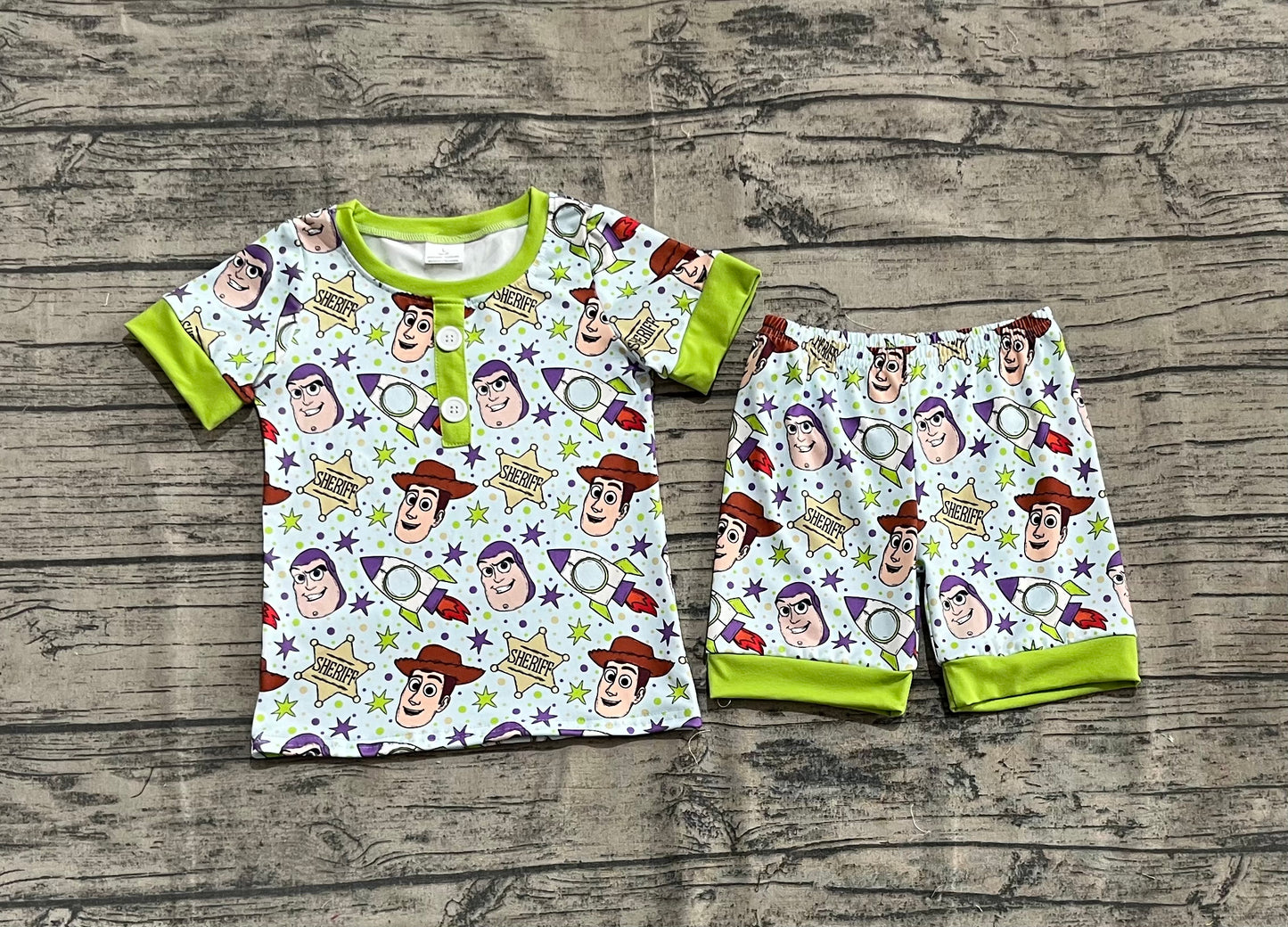 Preorder moq 5 Baby Boys Green Cartoon Toys Shirt Tops Shorts Pajamas Clothes Sets