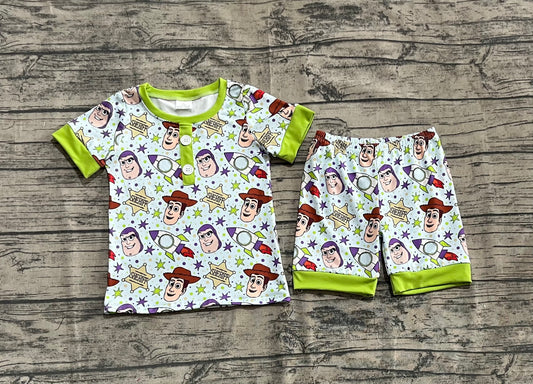 Preorder moq 5 Baby Boys Green Cartoon Toys Shirt Tops Shorts Pajamas Clothes Sets
