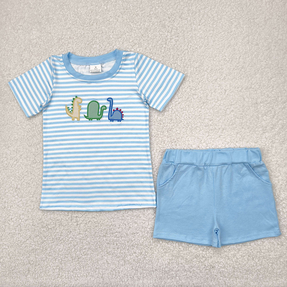 Embroidery Baby Boys Blue Dinosaurs Shirt Tops Shorts Clothes Sets