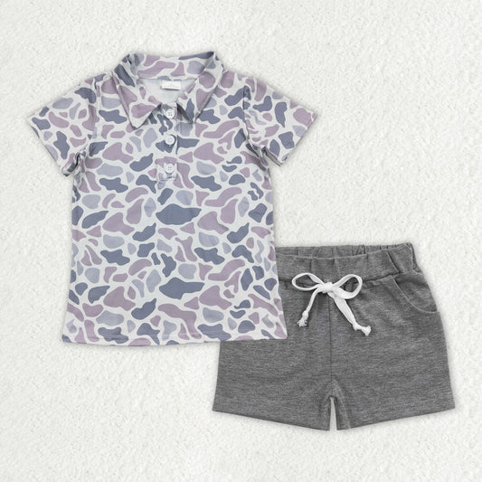 Baby Boys Grey Camouflage Lapel Buttons Shirts Cotton Shorts Clothes Sets