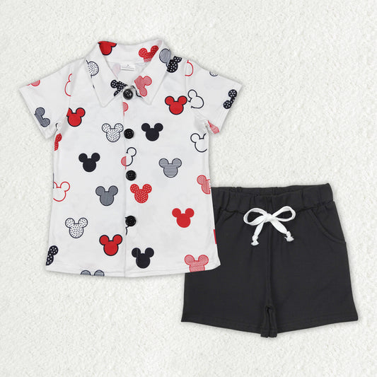 Baby Boys Cartoon Mouse Lapel Buttons Shirts Cotton Shorts Clothes Sets