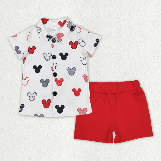 Baby Boys Cartoon Mouse Lapel Buttons Shirts Red Cotton Shorts Clothes Sets
