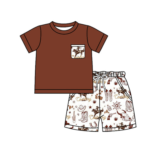 Baby Boys Western Brown Pocket Cowboy Boots Shorts Clothes Sets preorder