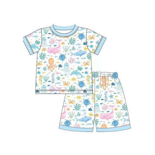 Baby Boys Blue Sea Animals Shirt Shorts Pajamas Clothes Sets preorder