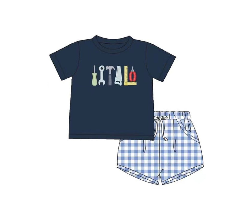 Preorder moq 5 Baby Boys Tools Tee Shirts Tops Checkered Shorts Clothes Sets