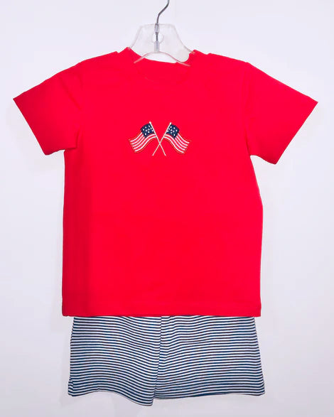 Baby Boys Red Short Sleeves Flag Shirt Black Stripe Shorts 4th Of July Sets preorder