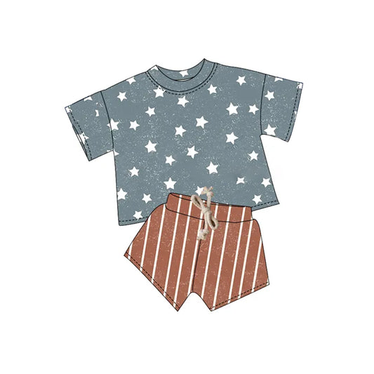 Preorder moq 5 Baby Boys Gray Short Sleeves Stars Plaid Top Stripe Shorts Sets