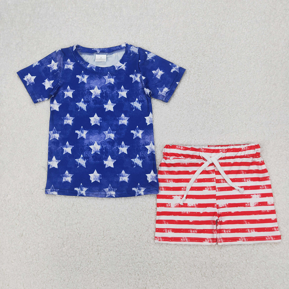 Baby Boys Blue Short Sleeves Stars Shirt Red Stripe Shorts 4th Of July Sets