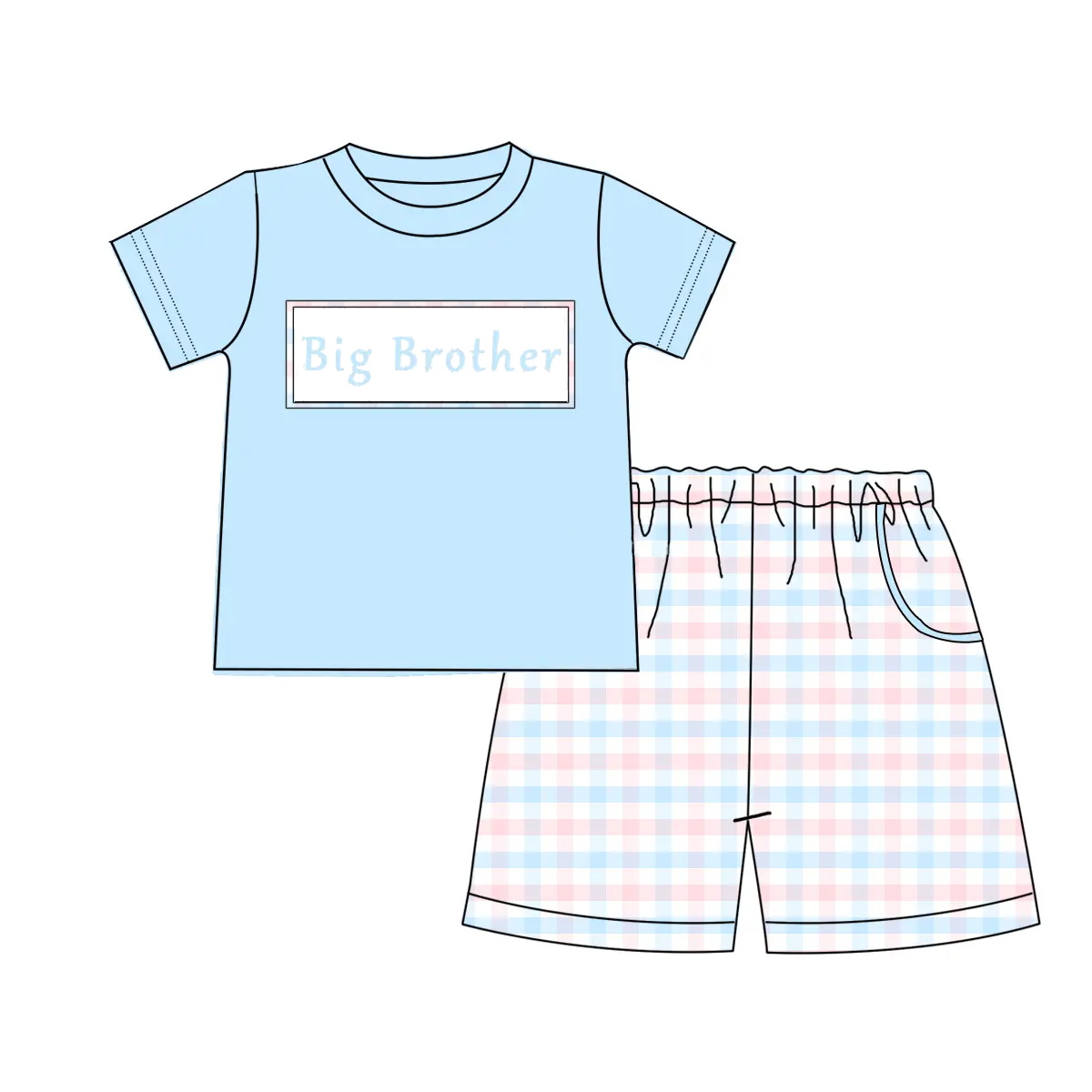 Preorder moq 5 Baby Boys Light Blue Short Sleeves Big Brother Shirt Plaid Shorts Sets